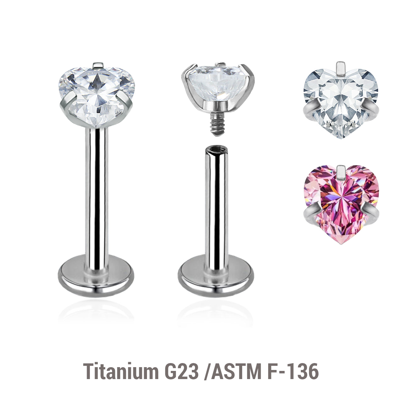 16G Titanium (Internally Threaded) Labret W/ 4mm Heart Top
